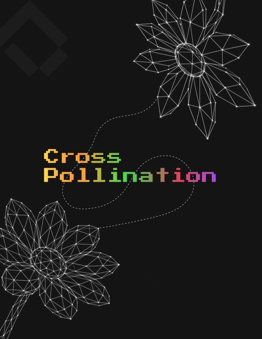 A dark poster design featuring geometric wireframe flowers with dotted lines connecting them, displaying the pixelated text 'Cross Pollination' in colorful letters (orange, pink, green).