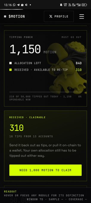 Mobile screenshot of a $MOTION profile showing 1,150 MOTION tipping power with 310 received tips from 13 accounts, requiring 1,000 MOTION to claim.