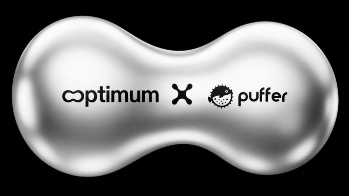 The image features a silver-colored object with black text on it, which reads "Optimium X Optimium" and "Puffer", indicating that these two companies are collaborating or have recently joined forces. The background of the image is black, making the white text stand out prominently.