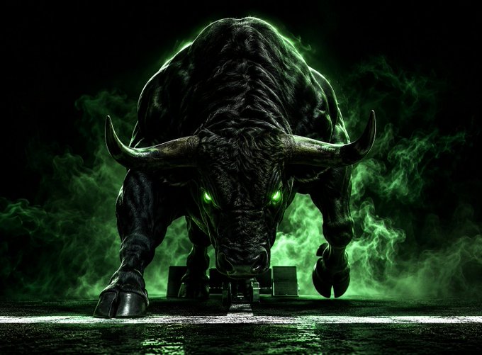 A dark, dramatic digital artwork of a charging bull with glowing green eyes surrounded by green smoke, a common symbol for bullish market trends.