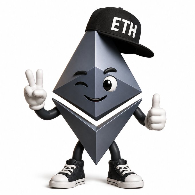 3D cartoon mascot of the Ethereum (ETH) logo wearing a black 'ETH' cap, black and white sneakers, giving a peace sign and thumbs up against a white background.