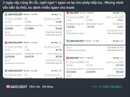 A trading portfolio screenshot showing multiple closed positions, primarily on USELESSUSDT and one on AKEUSDT, with text at the top in Vietnamese and a total PNL of +1,534.75 USDT.
