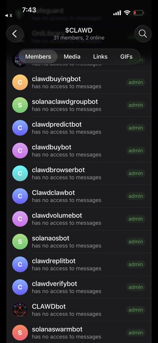 Telegram group named $CLAWD with 31 members, displaying a list of admin bots including clawdbuyingbot, solanaclawdgroupbot, clawdpredictbot, and CLAWDbot.