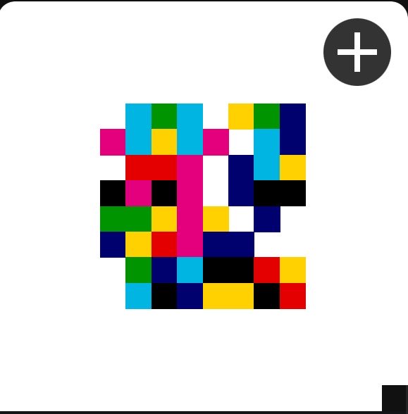 A vibrant mosaic artwork composed of colorful square tiles arranged in an abstract pattern, with a "+" icon in the upper right corner, suggesting it was collected via a digital art platform. The pixelated, randomized colors create a unique one-of-a-kind piece typical of generative open edition NFTs.