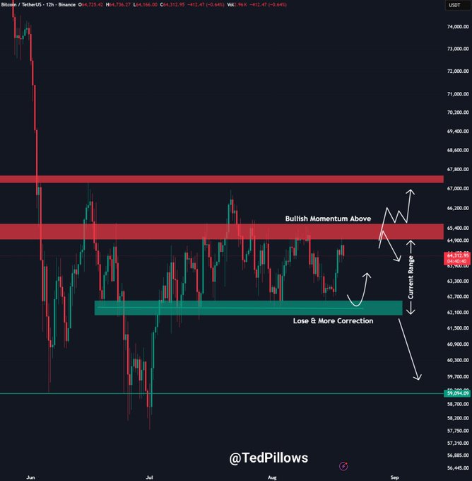 A BTC/USDT 12-hour Binance chart displays price action between $59,000 and $74,000, with red resistance zones marked at $65,500 and $67,000 indicating a "Current Range," and a teal support zone near $62,500 labeled "Lose & More Correction," illustrating the $65,000 breakout failure and potential drop to $62,500 referenced in TedPillows' analysis.