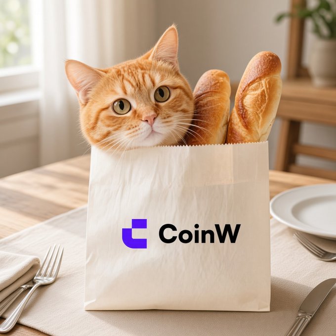 A PNG image featuring an orange tabby cat peeking out of a paper bag containing baguettes, with a purple 'CoinW' logo overlaid on the bag, set on a dining table with plates and cutlery.