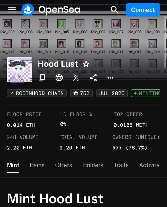 The image shows an OpenSea NFT collection page for "Hood Lust" on the Robinhood Chain, displaying a floor price of 0.014 ETH and a minting status, which aligns with the post celebrating those who minted for free at that price.