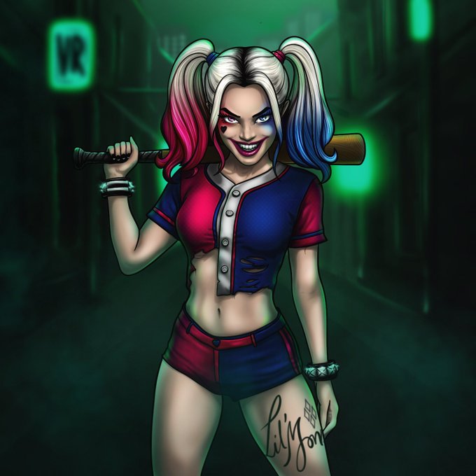 Illustrated character of a stylized woman with half-pink and half-blue pigtails in pigtails, wearing a torn red and blue top and shorts, holding a baseball bat over her shoulder in a dark green alleyway setting, signed 'Lily Fork.'