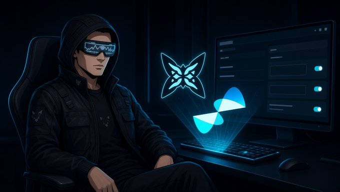 An illustration of a hooded figure wearing digital shutter glasses sitting at a computer desk with a glowing butterfly and infinity symbol projecting from the screen.