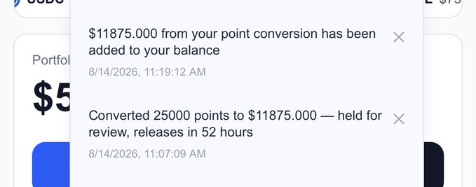 A notification panel from SFEx wallet shows two alerts: one confirming that "$11875.000 from your point conversion has been added to your balance" at 8/14/2026, 11:19:12 AM, and a prior notification stating "Converted 25000 points to $11875.000 — held for review, releases in 52 hours" at 11:07:09 AM the same day. The image visually substantiates the post's claim of earning "$11K from 250 people" by displaying the corresponding $11,875 point-to-balance conversion.