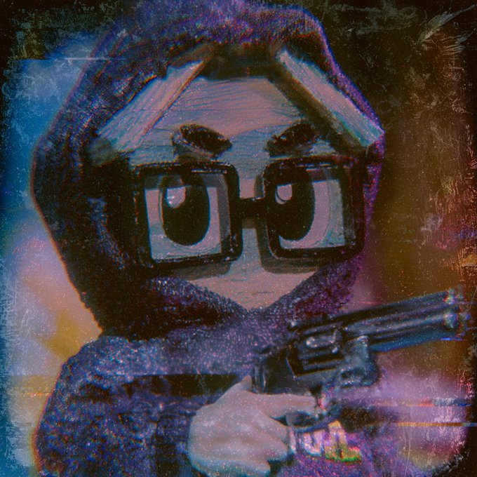 A pixelated, stylized digital artwork of a hooded figure wearing large square glasses and holding a gun, with a glitchy purple and blue color palette.