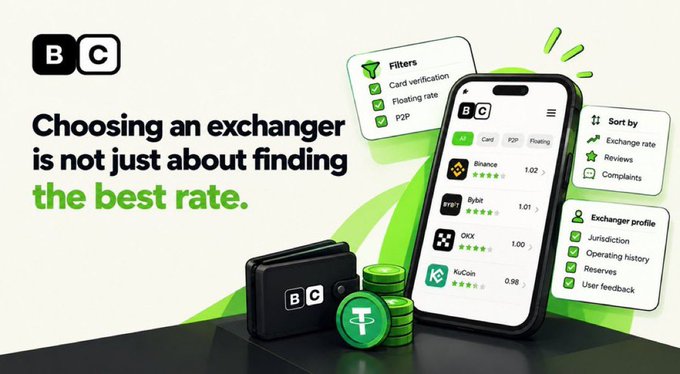 A promotional graphic for a cryptocurrency exchange app with the tagline 'Choosing an exchanger is not just about finding the best rate,' showing a smartphone displaying exchange options like Binance, Bybit, OKX, and KuCoin alongside a wallet and Tether coins.