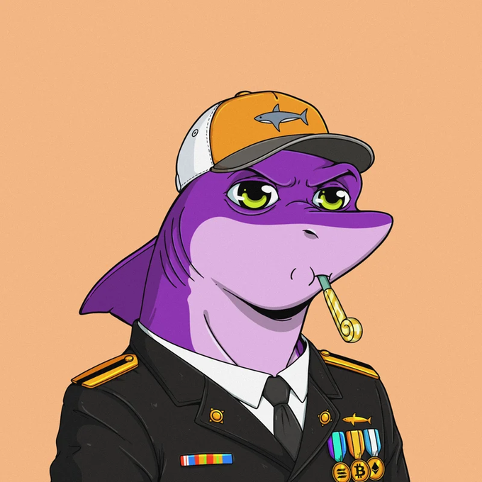 An illustrated purple cartoon shark character wears a military-style uniform complete with medals and an orange and white cap, casually holding a pipe in its mouth.