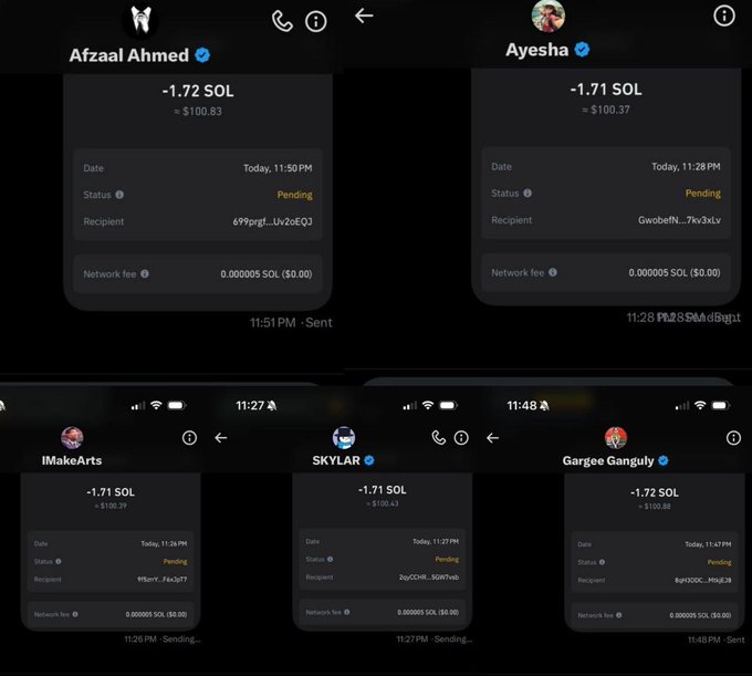 A collage of five pending Solana (SOL) transactions showing transfers of approximately 1.71-1.72 SOL (~$100.43-100.83 each) to recipients Afzaal Ahmed, Ayesha, IMakeArts, SKYLAR, and Gargee Ganguly, totaling the $500 SOL distribution to the five winners mentioned in the post.