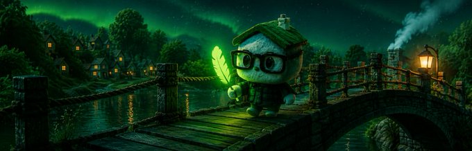 A digital fantasy illustration of a cute character wearing a green beanie and glasses, holding a glowing green leaf, standing on a wooden dock over water with a bridge and village illuminated by green aurora in the night sky.