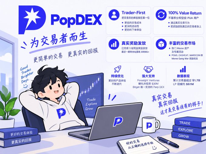 A promotional graphic for PopDEX, highlighting its trader-focused features including 100% Value Return PUA users, $30M in Forelight Ventures funding, and $1.7B in cumulative trading volume with $61M LP rewards, alongside an illustration of a cheerful trader at a laptop surrounded by "Trade, Explore, Grow" books and motivational text in both English and Chinese. The image ties to the post by visually showcasing one of the competitive Perp DEXs in an increasingly crowded market where platforms differentiate through various perks and incentives.