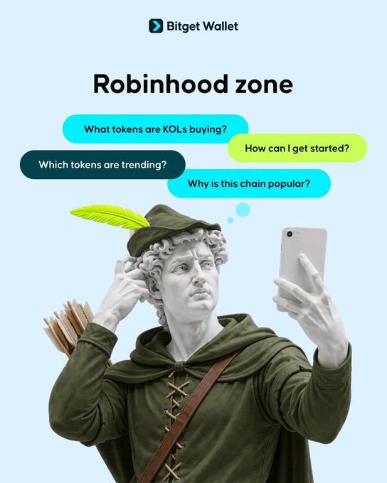 A promotional image for Bitget Wallet featuring a statue dressed in Robin Hood attire holding a smartphone, under the heading "Robinhood zone" with thought bubbles listing crypto-related questions like "What tokens are KOLs buying?" and "Which token are trending?"—directly tied to the post's message about a popular new blockchain chain and serving as a guide to understanding the crypto meta.