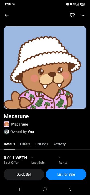 A mobile app screen showing an NFT collection item named "Macarune" — a cartoon character in a pink dinosaur shirt and white fluffy hat, priced at 0.011 WETH with Quick Sell and List for Sale options.