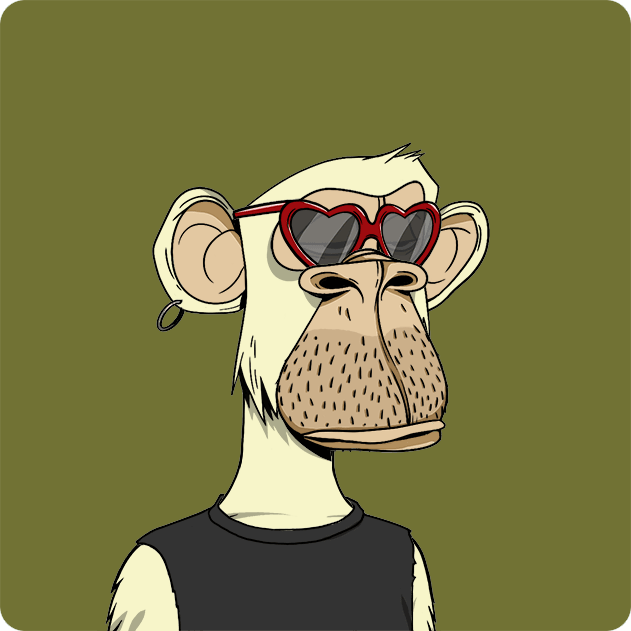 A cartoon NFT-style illustration of a Bored Ape character wearing a black tank top and red heart-shaped sunglasses against an olive green background.