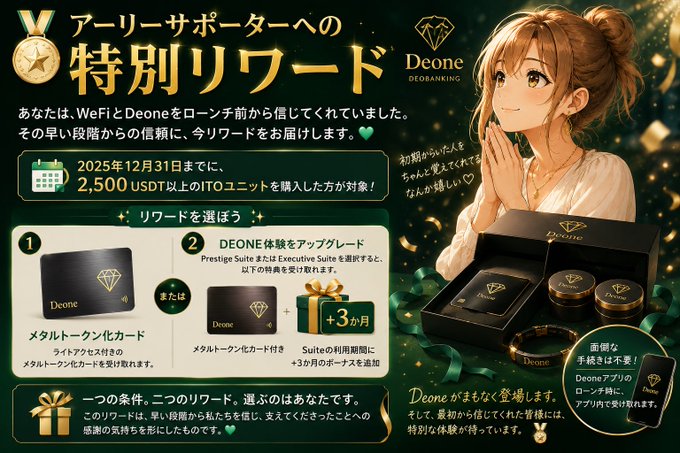 A promotional advertisement in Japanese for Deone (Deobanking) offering special rewards to early supporters who purchased 2,500 USDT or more of ITO units by December 31, 2025, featuring an anime woman and details about Prestige Suite upgrades with a +3 month bonus.