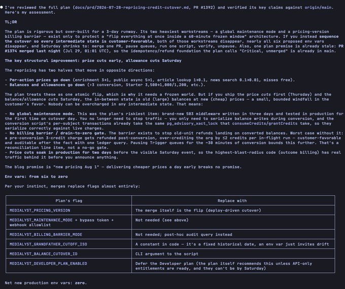 The image displays a technical assessment of a "repricing-credit-cutover" plan, detailing a successful migration that reduced the number of necessary environment variables from six to zero, as referenced in the accompanying post's mention of "env vars: from six to zero" and "Net new production env vars: zero."