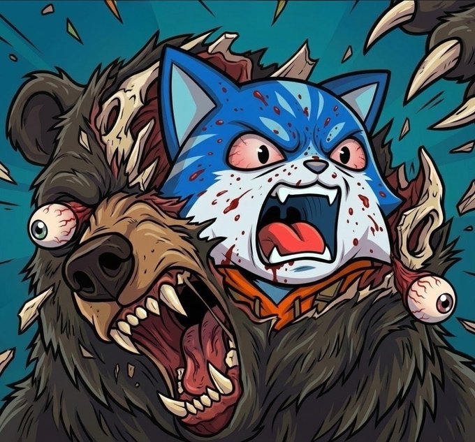 A vibrant cartoon illustration depicting a screaming blue cat-like character wearing an orange collar, bursting out of a monstrous brown bear with glowing eyes and sharp teeth.