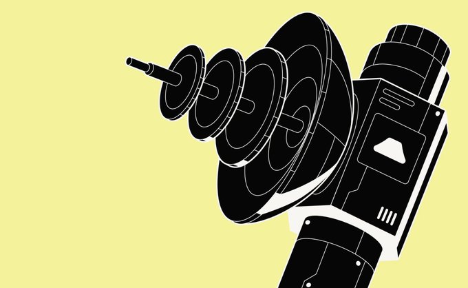 A stylized black silhouette of a power drill with a large drill bit is shown against a pale yellow background. The image of a drill, often associated with construction or engineering, visually metaphorizes the "architecture" and "infrastructure" described in the post about the technical stack built with OP Stack, Base, and Caldera.