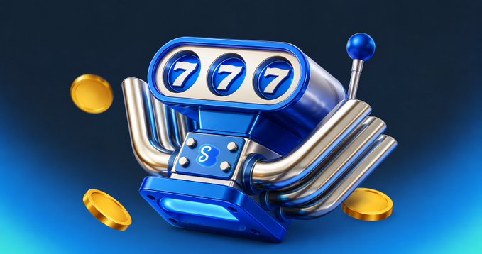 A stylized 3D blue slot machine displays "7 7 7" with a lever and gold coins, symbolizing jackpot wins. The image visually reinforces the "Power Up" promotion, which features multipliers across various games like "50x Splat," "100x Dwarven Mines," and "250x Grimm 2," offering a chance to share $50,000 in prizes.