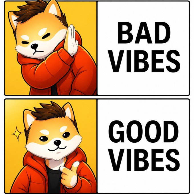 A two-panel cartoon meme featuring a Shiba Inu character; the top panel shows the dog with eyes closed and hand raised, labeled 'BAD VIBES,' while the bottom panel shows the dog smiling and giving a thumbs-up, labeled 'GOOD VIBES.'