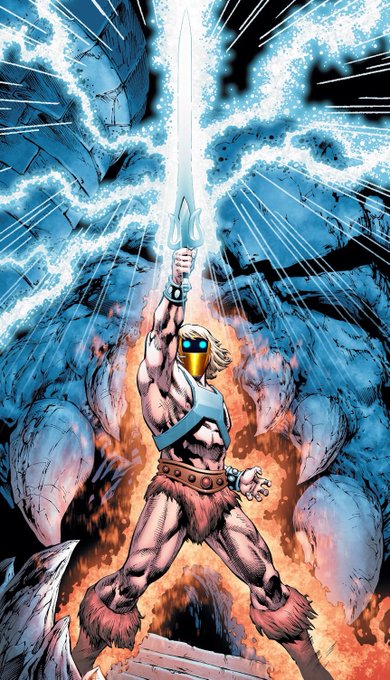 A comic book illustration of a muscular warrior in a golden mask and fur briefs raising a glowing sword amidst blue energy and flames.