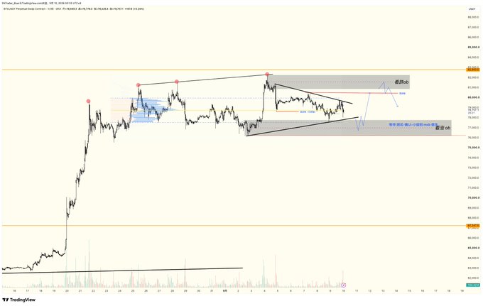 A TradingView chart titled 'PiChain_AutoT...pee/USDT' showing price action with annotations in Chinese indicating resistance and support zones ('下跌cb' and '上涨cb').