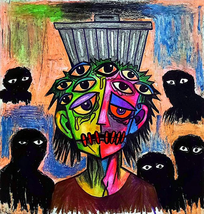 A vibrant, expressionist-style painting depicting a stylized face with multiple eyes and vivid green, pink, and orange coloring, surrounded by shadowy black figures with glowing eyes against a streaked blue and orange background.