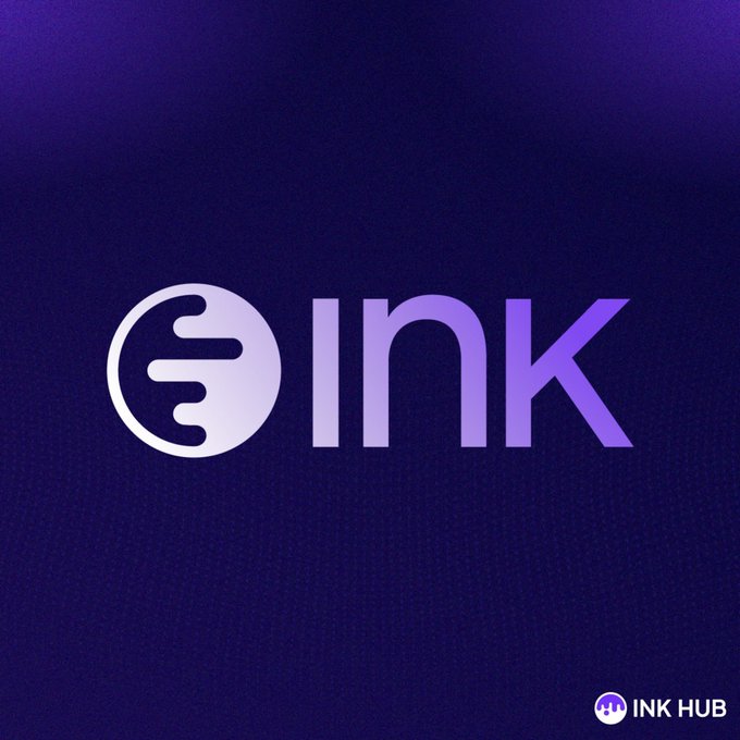 A bold "INK" logo with a stylized 'E' icon is displayed in purple against a dark navy background, with the "INK HUB" watermark in the bottom corner. The image visually represents the $INK cryptocurrency mentioned in the post, which asks which $INK community is currently leading the charge.