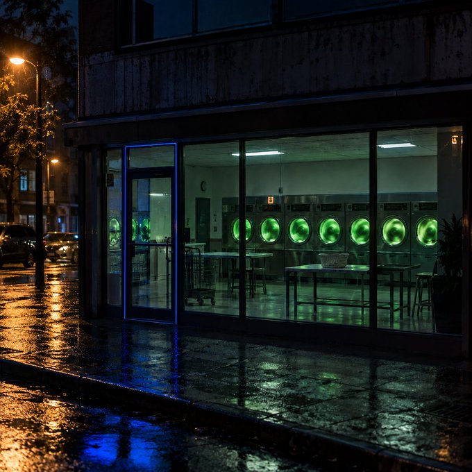 A laundromat glows with eerie green light from its circular washing machines through rain-slicked street windows at night, while a silhouetted figure stands nearby, evoking the ominous quiet before something revealed by the promised signs arrives.
