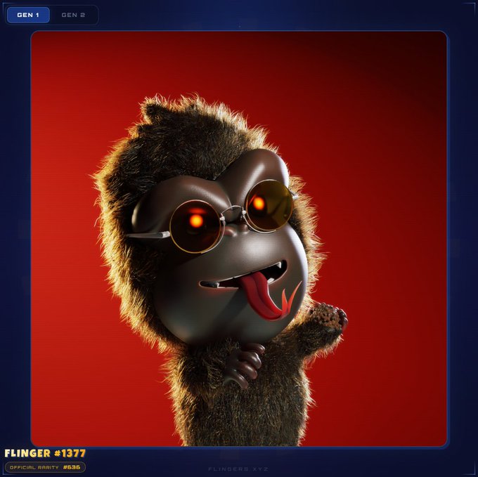 A digital collectible NFT titled "FLINGER #1377" with an official rarity of #636 is displayed, featuring a furry brown cartoon creature wearing orange-tinted sunglasses with its tongue sticking out against a red background. The post celebrates becoming a Flinger holder, highlighting excitement about joining the Hypha3D community and its weekly Gen2 creations, with the "GEN 1" label visible in the top left corner corresponding to the collectible's first generation.