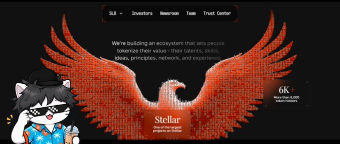 A website header for Stellar featuring a red phoenix composed of text, with a cartoon cat avatar in pixelated sunglasses holding a drink in the corner.