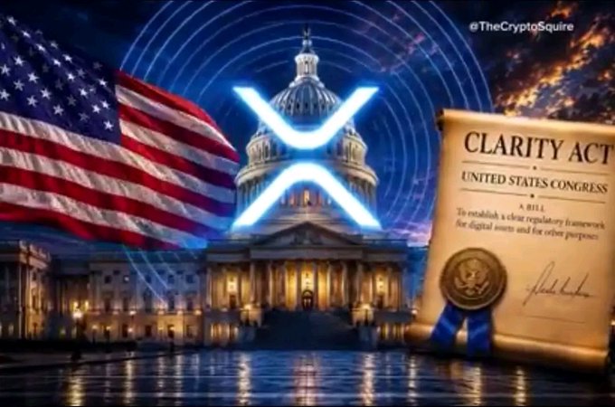 A digital illustration featuring the U.S. Capitol building, an American flag, and the XRP cryptocurrency logo alongside a scroll labeled "CLARITY ACT — UNITED STATES CONGRESS," visually representing the upcoming public release of the final CLARITY Act draft and its significance for crypto regulation.