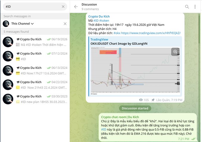 A Telegram chat screenshot from a "Crypto Du Kich" channel displays an H4 timeframe analysis of OKX:IDUSDT, showing a TradingView chart posted on 19.6.2026 at 7:19 PM with a message noting the 105 reactions, followed by a later welcome message in the discussion.