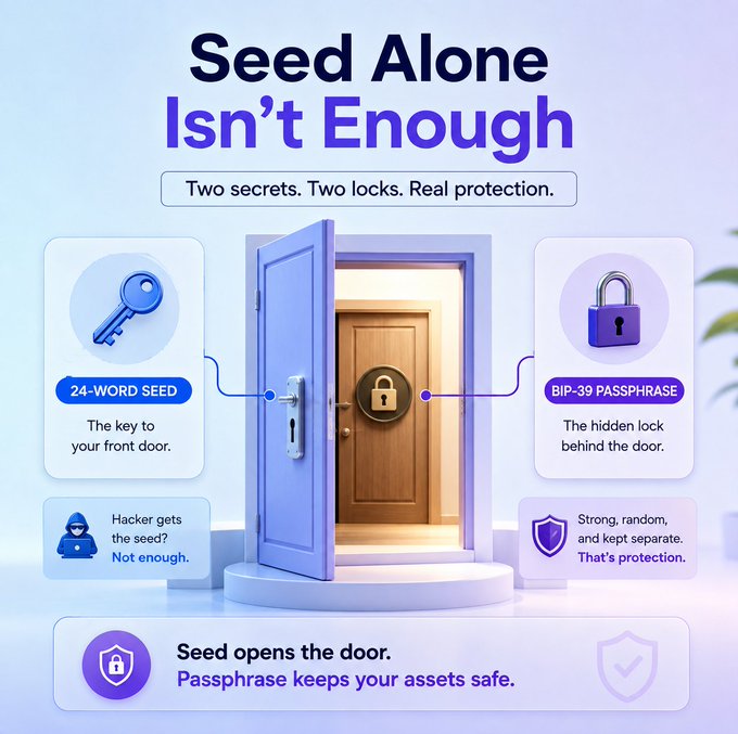 An infographic titled 'Seed Alone Isn't Enough' explains crypto security with 'Two secrets. Two locks. Real protection,' featuring sections on '24-WORD SEED' and 'BIP-39 PASSPHRASE' alongside illustrations of keys, a padlock, and a door.