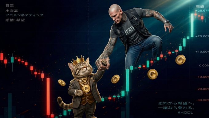 A tattooed man in a "SCATT" tank top fist-bumps a crowned cat wearing a suit, both surrounded by floating gold coins, against a backdrop of a green cryptocurrency candlestick chart climbing to +28.67%, with Japanese text reading "今日も出来た アニメシンネマティック 感情：希望" ("Today accomplished, Anime Cinematic, Emotion: Hope") and the hashtag #HODL, visually symbolizing the post's theme of early belief and steady growth in $CATE.