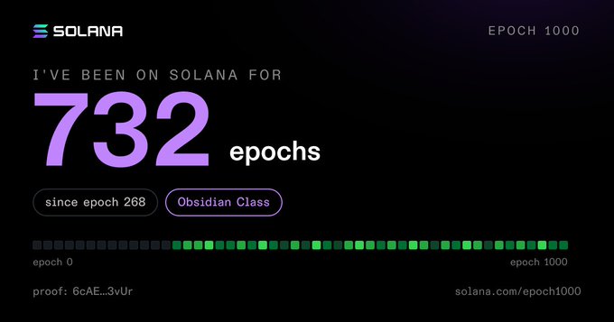 A Solana blockchain graphic stating "I'VE BEEN ON SOLANA FOR 732 epochs since epoch 268, Obsidian Class," displaying a progress bar from epoch 0 to 1000 and a proof hash "6cAE...3vUr".