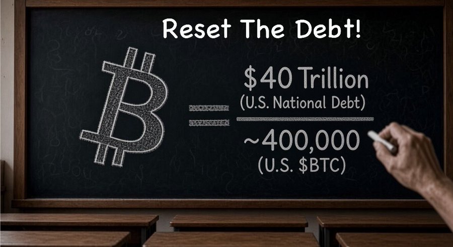 A chalkboard shows a Bitcoin logo equated to '$40 Trillion (U.S. National Debt)' equal to '~400,000 (U.S. $BTC)' under the heading 'Reset The Debt!'.
