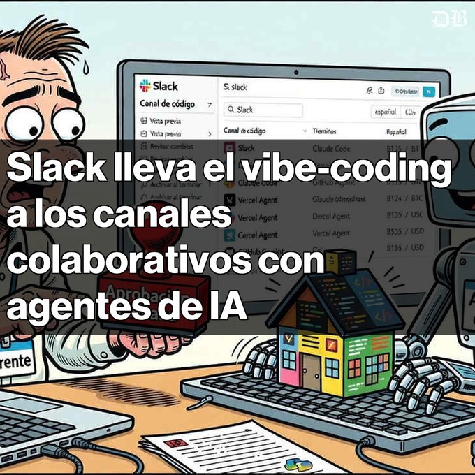 A Spanish-language article header reading 'Slack lleva el vibe-coding a los canales colaborativos con agentes de IA' (Slack brings vibe-coding to collaborative channels with AI agents), featuring a cartoon illustration.