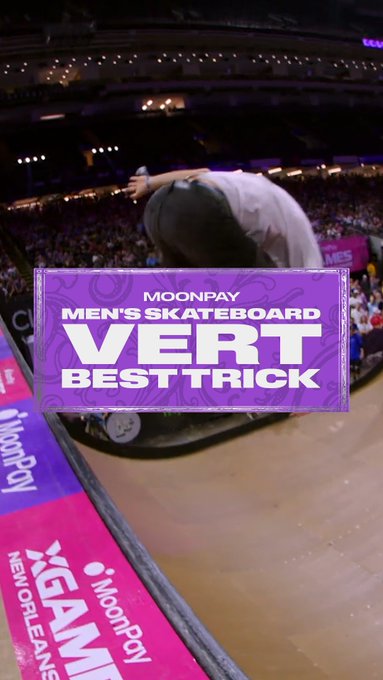 A skateboarder performs a vert trick on a halfpipe ramp at a stadium event, with a purple graphic overlay reading "MOONPAY MEN'S SKATEBOARD VERT BEST TRICK" and visible signage for "X GAMES NEW ORLEANS" and "MoonPay," connecting to the post's mention of the MoonPay X Games League Championship in NOLA.