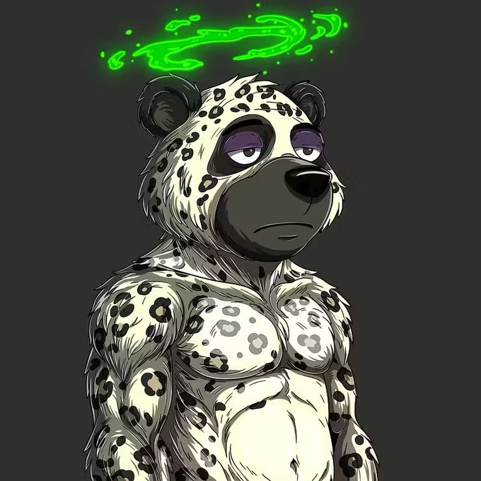 The image features a cartoon panda bear with white fur, black eyes, and a black nose wearing a leopard print outfit. The panda bear has a sad expression as if it's crying or looking down at something. The caption of the image reads "Love the art on these pandas @DJSOL98 cooked hard on these. @ThePandarianz mint is still live so grab yourself a grail before they are all gone".