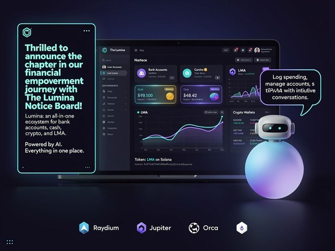 A promotional graphic for 'The Lumina Notice Board' announcing a financial empowerment journey, featuring a laptop displaying a crypto dashboard with Raydium, Jupiter, and Orca logos, and a small robot character with a speech bubble about logging spending.
