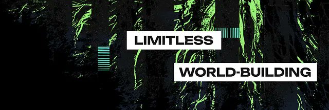 A dark, textured background with bright green organic patterns serves as a backdrop for bold white text boxes reading "LIMITLESS" and "WORLD-BUILDING." The edgy, glitch-like aesthetic complements the post's theme of tokenized assets seeking freedom from the constraints of shared chains.