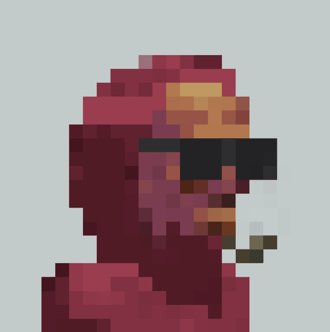 A low-resolution pixel art image showing a red-hooded figure wearing dark sunglasses, smoking a cigarette.