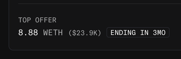 A dark interface panel showing 'TOP OFFER 8.88 WETH ($23.9K) ENDING IN 3MO' in white and gray text.
