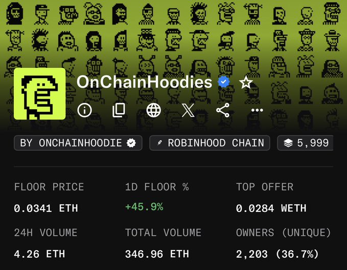 A screenshot of an NFT collection page titled 'OnChainHoodies' by OnChainHoodie on the Robinhood Chain, showing a floor price of 0.0341 ETH, a 1D floor change of +45.9%, and 5,999 items.